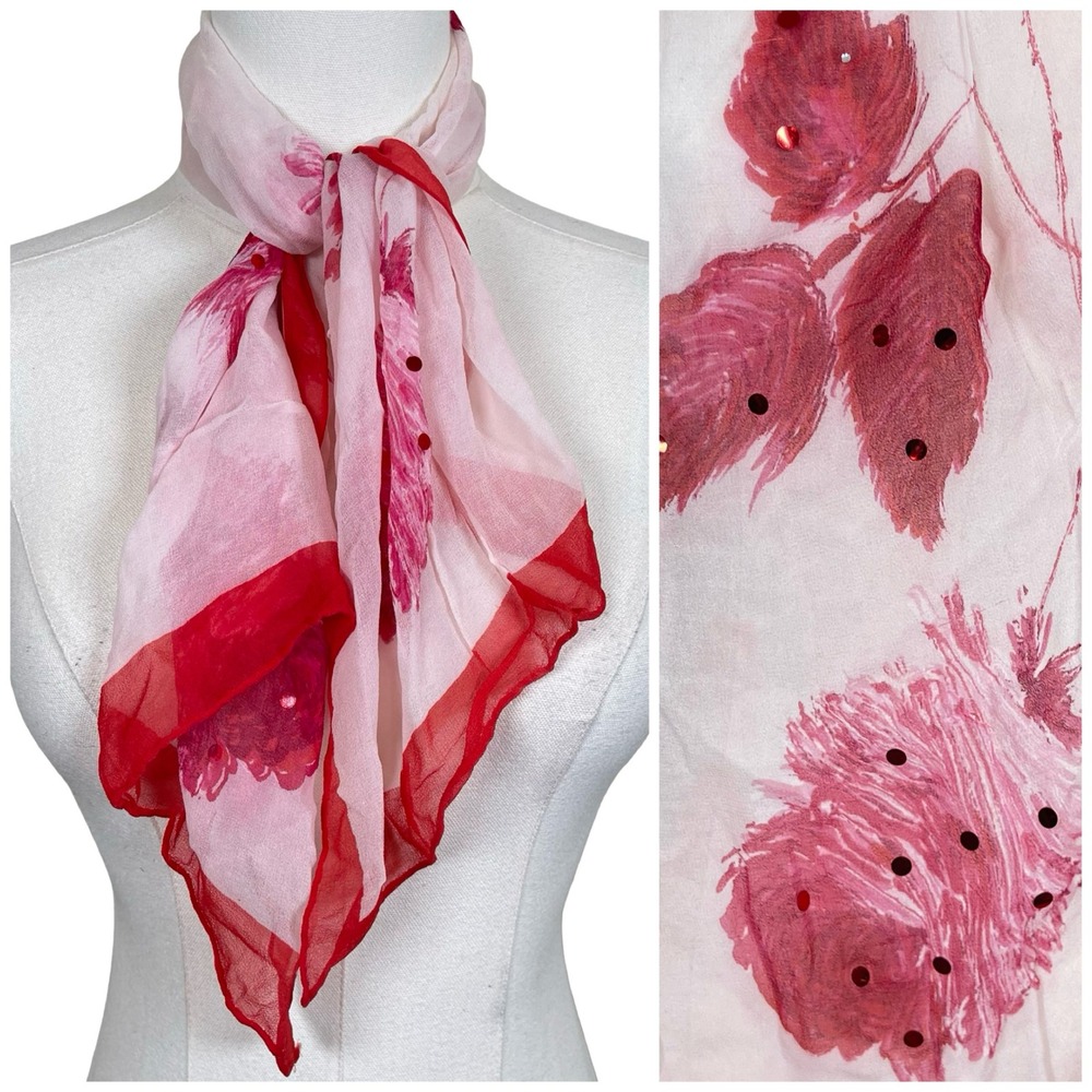 Vintage Floral Rose Sequin Chiffon‎ Scarf Pink Red Botanical Sheer Romantic Boho